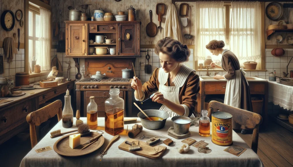 Estos eran los consejos útiles para la mujer en 1936 1 DALL·E 2024 04 26 22.50.11 A vintage scene depicting a woman in a 1930s kitchen using traditional methods for household tasks based on the advice from Lucia Casado. She is usin