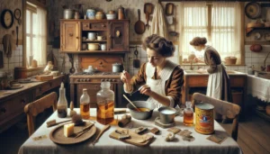 DALL·E 2024 04 26 22.50.11 A vintage scene depicting a woman in a 1930s kitchen using traditional methods for household tasks based on the advice from Lucia Casado. She is usin