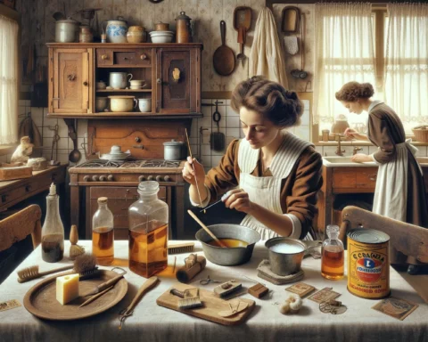 DALL·E 2024 04 26 22.50.11 A vintage scene depicting a woman in a 1930s kitchen using traditional methods for household tasks based on the advice from Lucia Casado. She is usin
