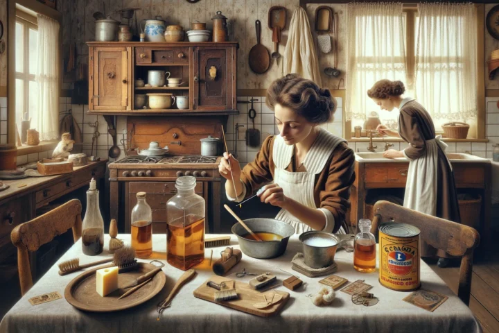 DALL·E 2024 04 26 22.50.11 A vintage scene depicting a woman in a 1930s kitchen using traditional methods for household tasks based on the advice from Lucia Casado. She is usin