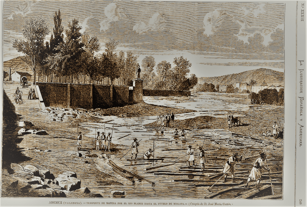 Los gancheros del Rincón de Ademuz 3 ADEMUZ VALENCIA TRASPORTE DE MADERA POR EL RIO BLANCO HASTA EL PUEBLO DE MISLATA croquis de D. Jose Ma Cortes 1024x691 1