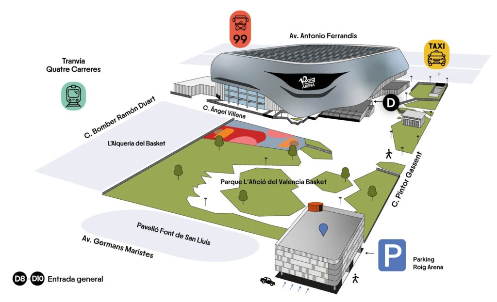 Información práctica para asistir a eventos en el Roig Arena Valencia: accesos, transporte y normas 3 mapa auditorio la m o d a
