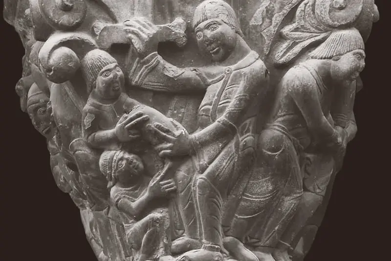 img the san lorenzo delivering holy chalice in capital of jaca cathedral